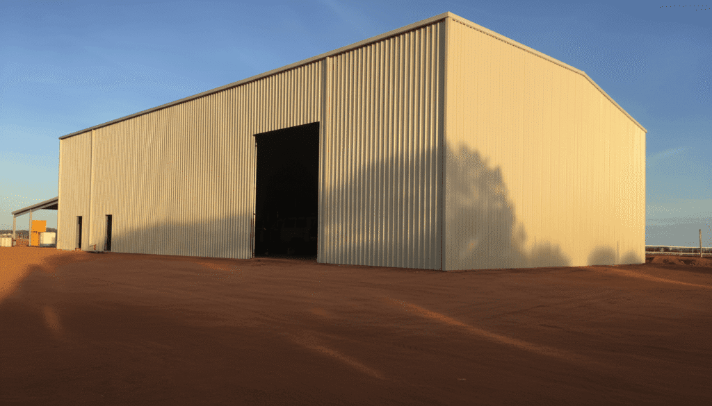  An external view of a large, cream-colored steel warehouse, illustrating the types of Factory Sheds constructed by Industrial Shed Manufacturers in Pakistan such as Steel City.