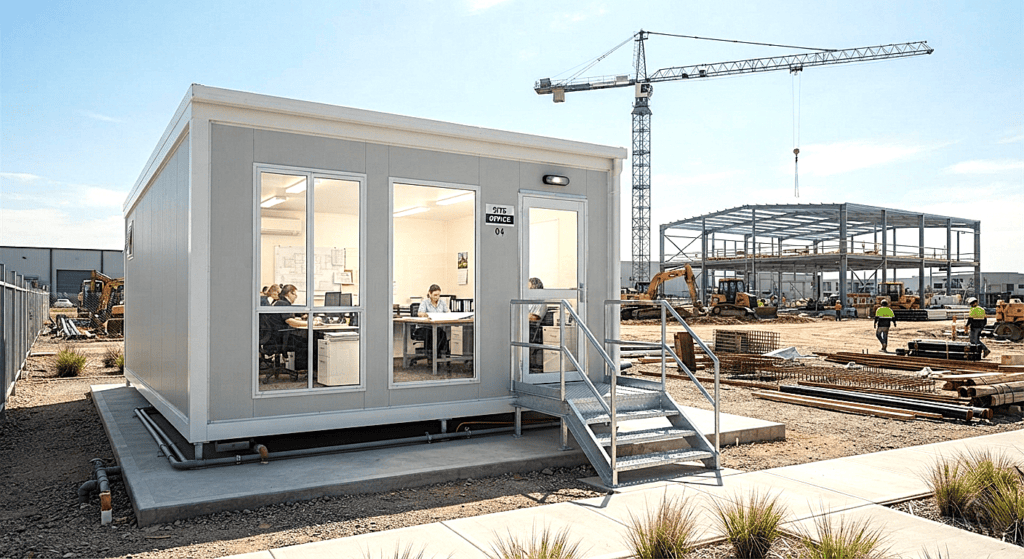 Insulated office containers used as active administrative offices on busy construction sites.