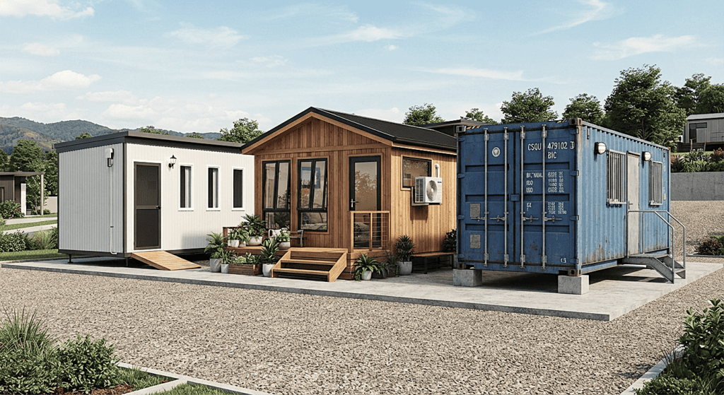 A comparison of different styles, including panel-built and converted shipping office containers.