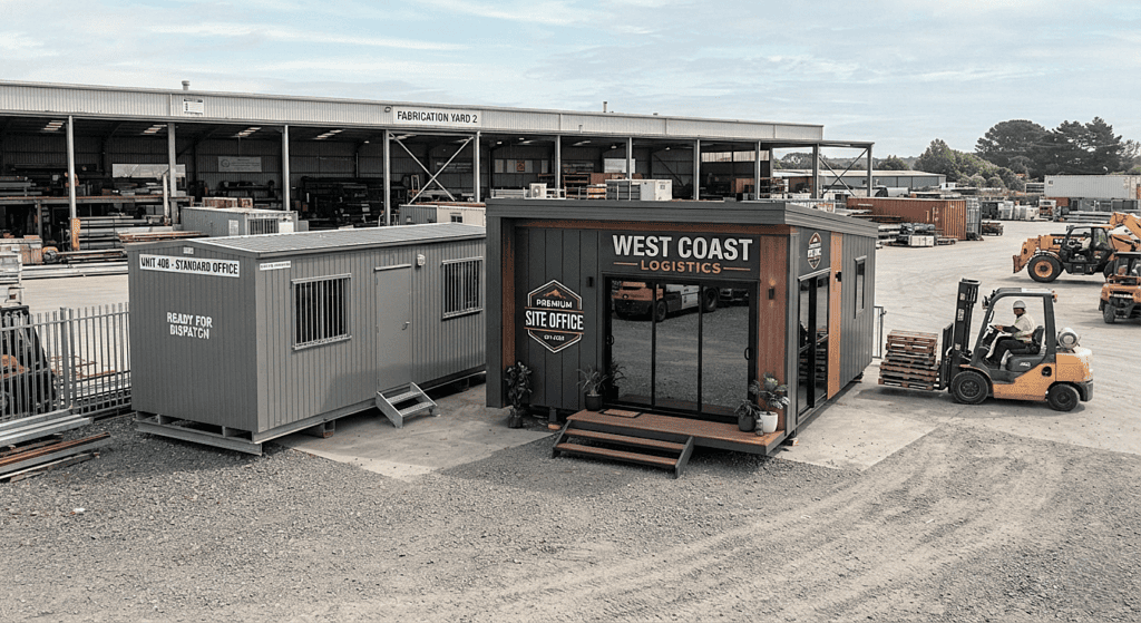 Standard readymade and custom-built office containers placed side-by-side at a manufacturing facility.