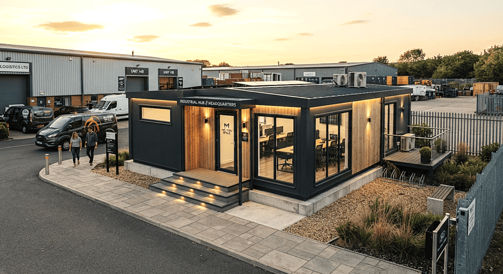 A high-quality modular office installation showcasing premium durable office containers.