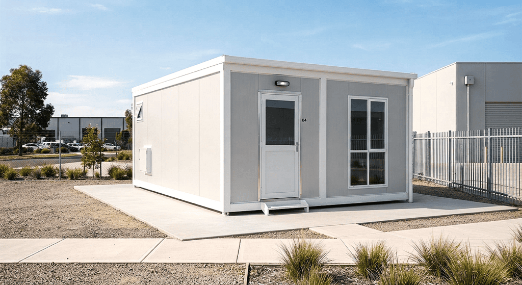 A standard prefabricated panel-built structure showcasing the basic design of modern office containers. side view