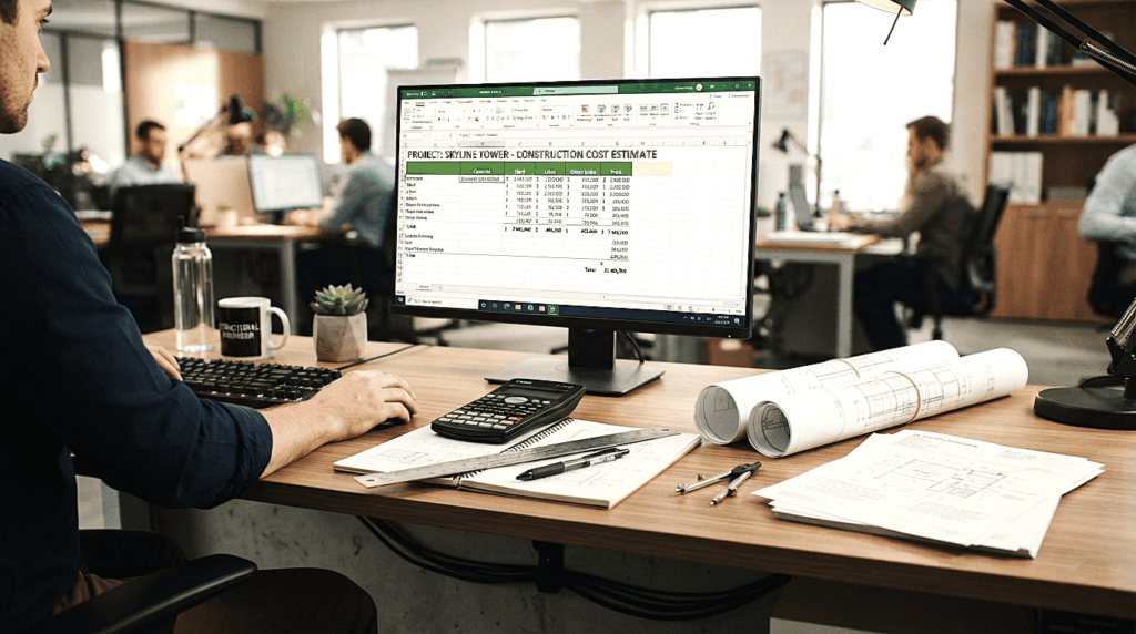 An estimator in an office space sitting at a wooden desk with a calculator, notebook, and rolled blueprints, reviewing a project construction cost estimate spreadsheet on a monitor.