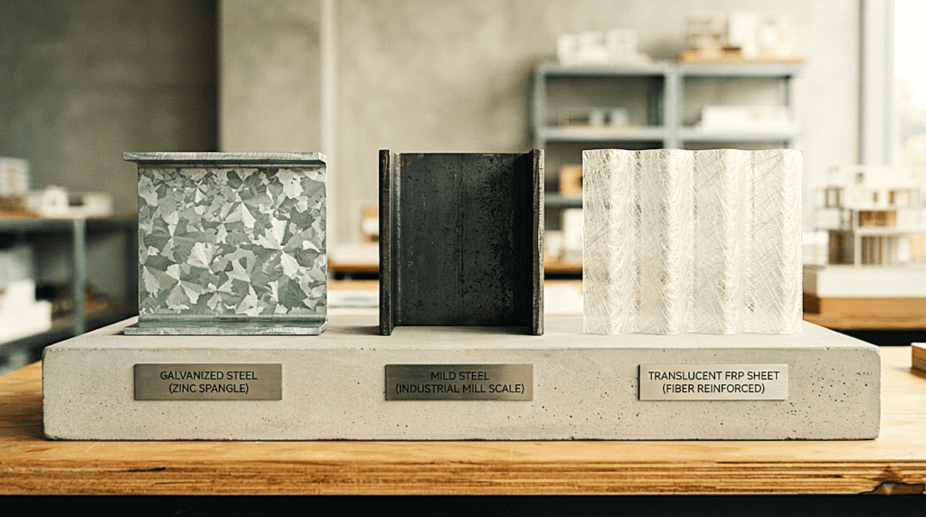 A design studio display featuring three labeled material samples on a concrete base: a hot-dip galvanized steel I-beam with zinc spangles, a dark mild steel I-beam with mill scale, and a translucent fiber-reinforced plastic (FRP) corrugated sheet.