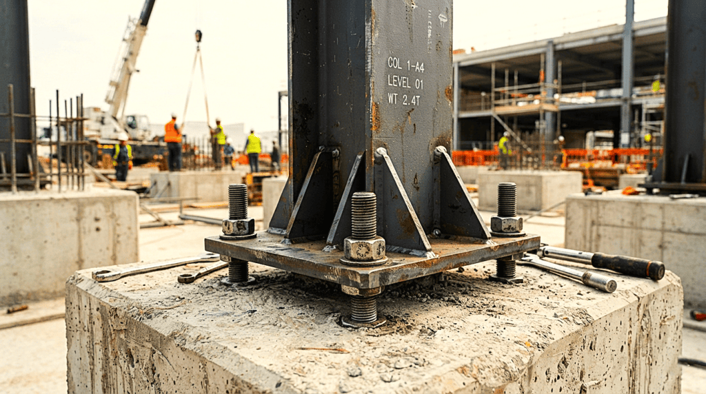 A close-up of a heavy structural steel column base plate secured with large anchor bolts and stiffeners to a concrete pedestal, with stenciled text indicating the column's weight and grid position.
