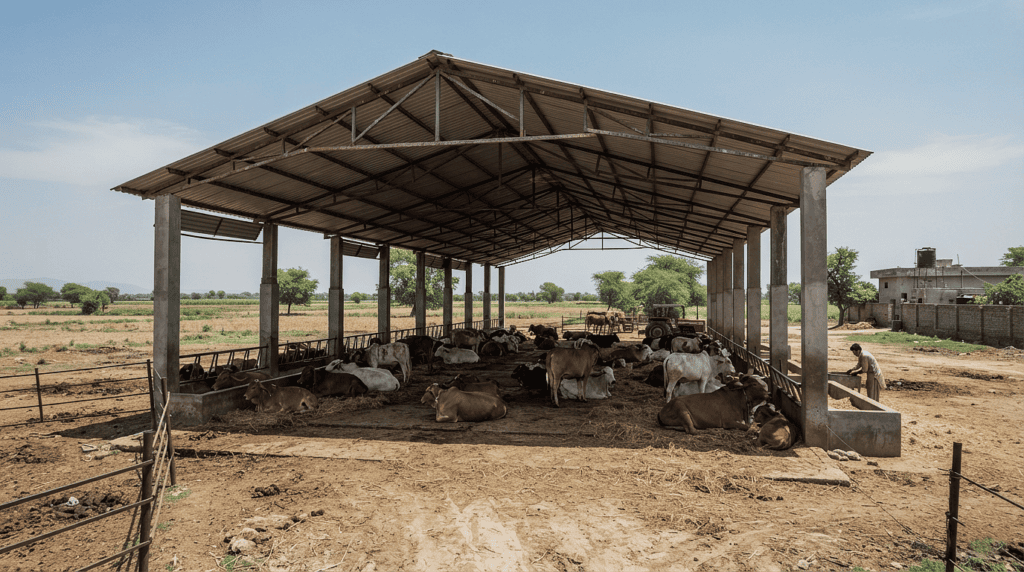 Climate-adapted open-sided dairy shed design protecting livestock from summer heat.
