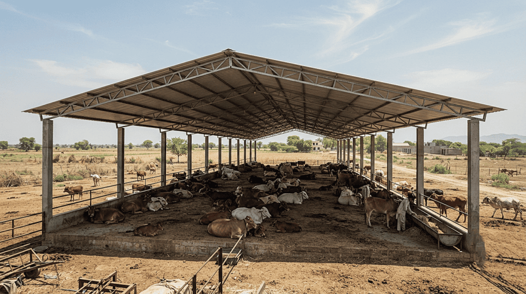 Climate-adapted open-sided dairy shed design protecting livestock from summer heat.