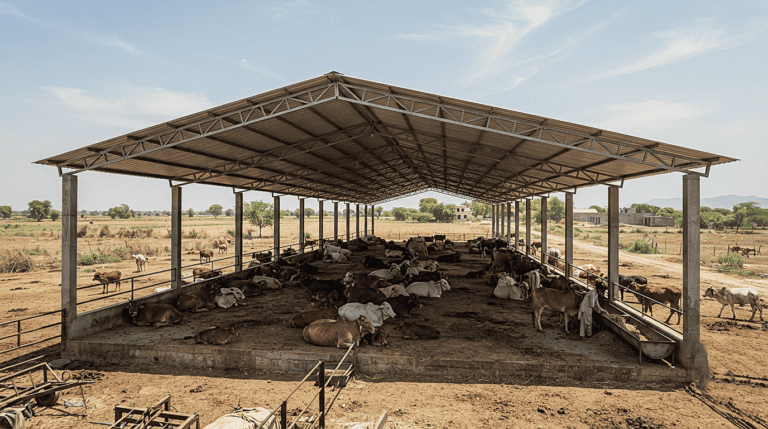 Climate-adapted open-sided dairy shed design protecting livestock from summer heat.