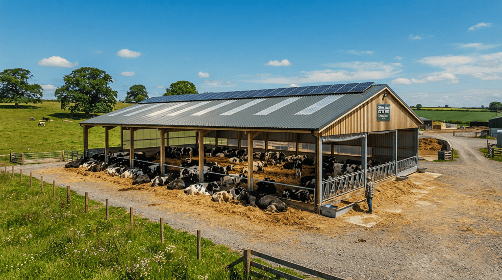 Completed climate-smart dairy shed design protecting healthy livestock on a farm.