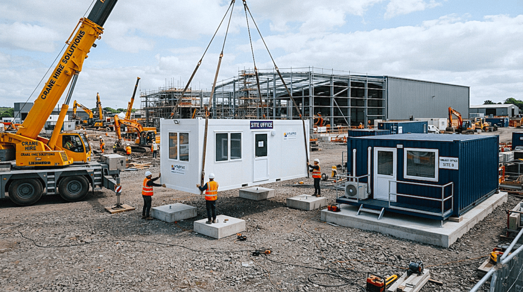 A brand new prefabricated site office cabin alongside a renovated sea shipping container office.