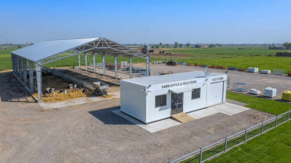 Modular office cabin setup complementing a modern dairy shed design facility.