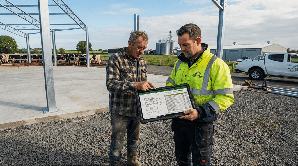 Farm owner reviewing floor plans and cost breakdown for a custom dairy shed design.
