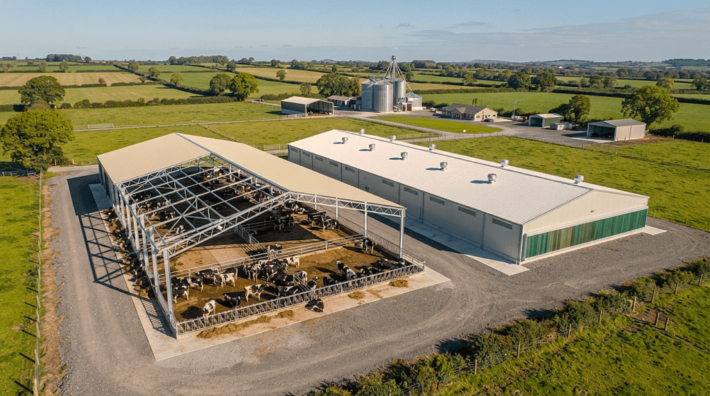 Aerial view of multi-livestock farm buildings planned with modern dairy shed design concepts.