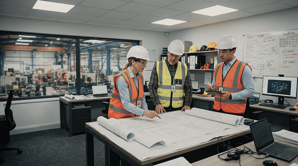 Engineers and supervisors reviewing plans inside a functional factory site office.