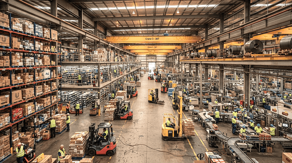 High-capacity PEB steel warehouse shed construction utilized for logistics, manufacturing, and commercial storage.
