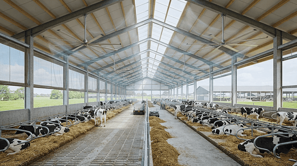 High roof ventilation and circulation fans integrated into a modern dairy shed design.