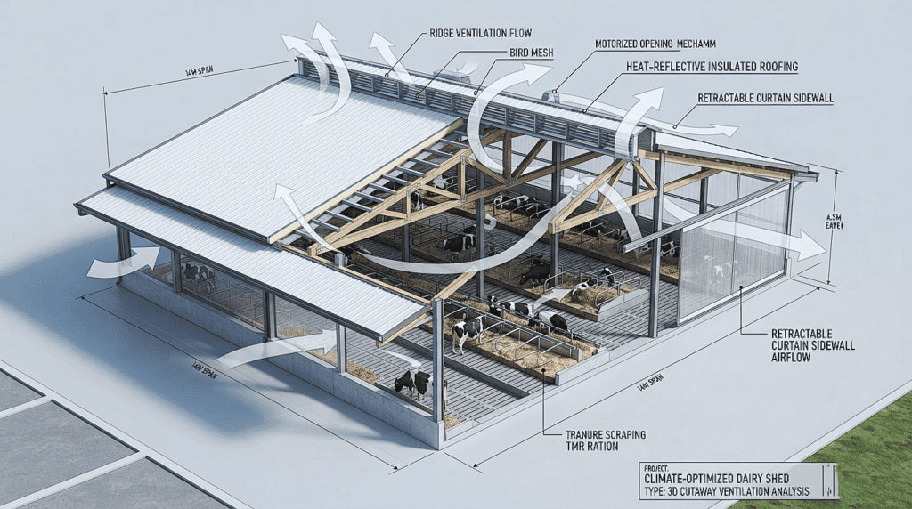 Architectural diagram illustrating key elements of an efficient dairy shed design.