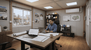 Modern interior of an executive site office with a desk, laptop, and comfortable office furniture.