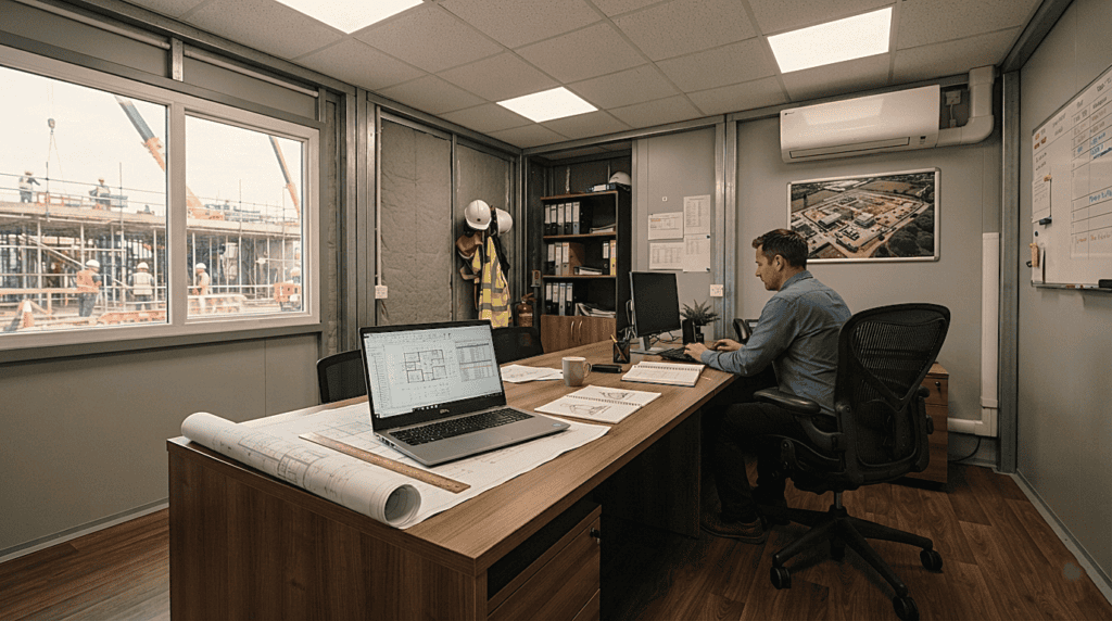 Modern interior of an executive site office with a desk, laptop, and comfortable office furniture.