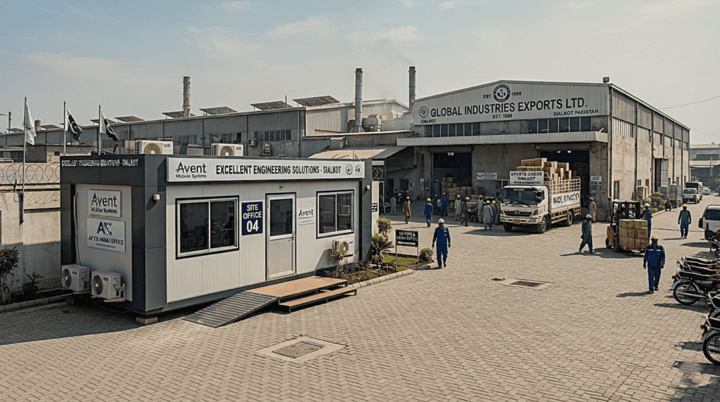 Industrial site office setup positioned outside a manufacturing facility in Punjab.