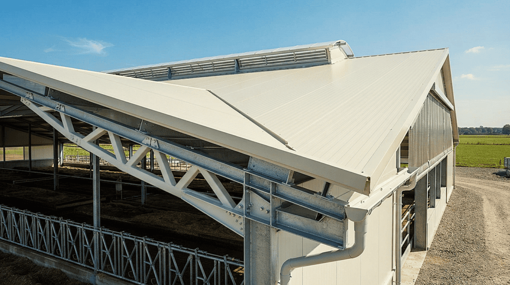 Heat-reflective roof panels used in a modern dairy shed design layout.