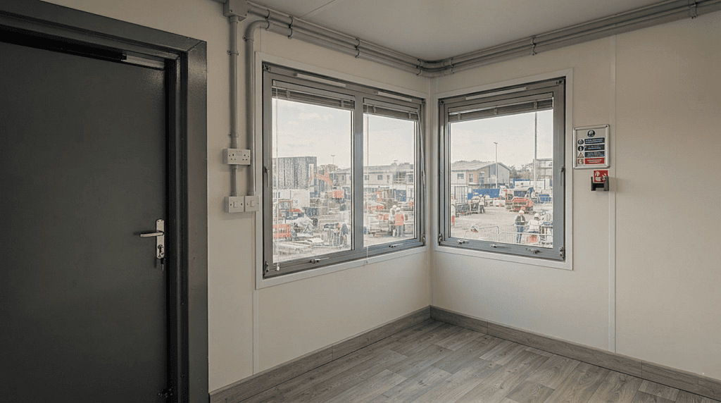 Durable construction features and insulated walls of a premium site office cabin.