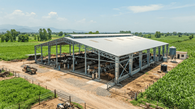 Pre-engineered steel sheds for modern dairy farms and industrial storage in Sahiwal Punjab.
