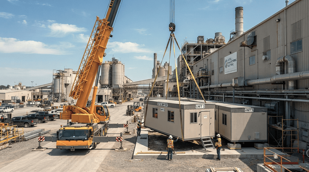 Fast crane installation of a modular porta cabin site office on an industrial lot.