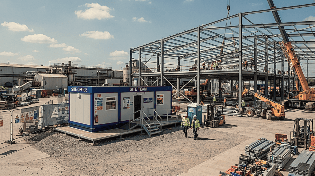 A dedicated site office cabin installed next to an active factory expansion project.