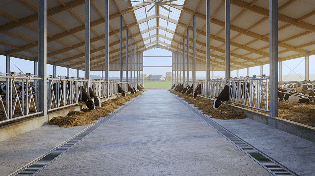 Sloped concrete floor and drainage layout in an efficient dairy shed design.