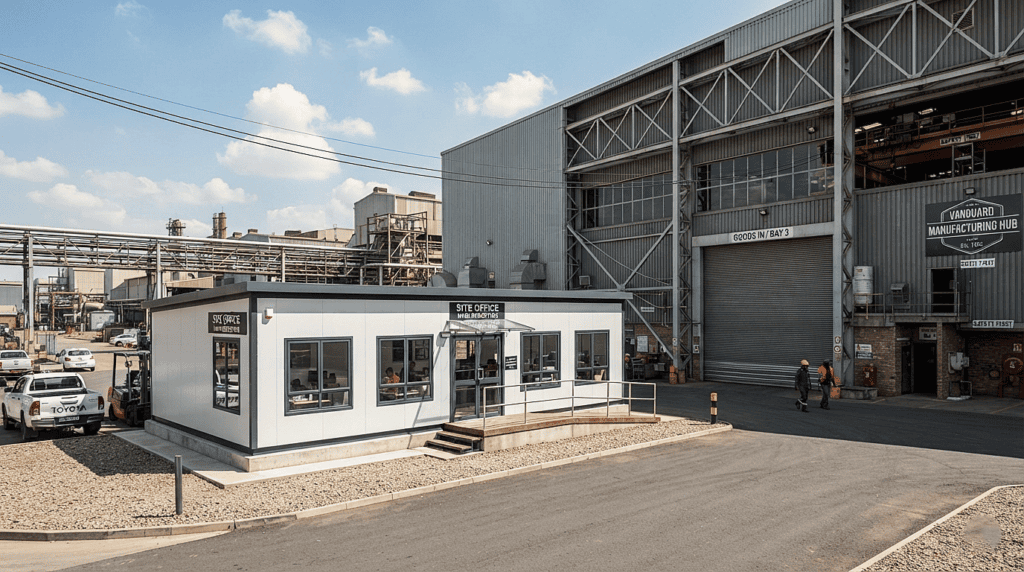 Exterior view of a modular factory site office cabin placed beside an industrial facility.