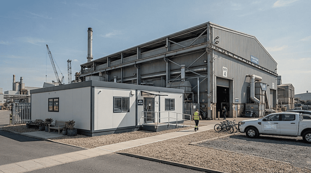 Exterior view of a modular factory site office cabin placed beside an industrial facility.