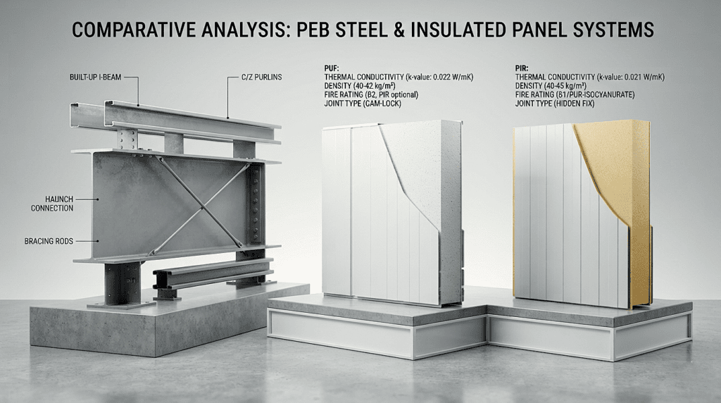 Comparison display of structural steel framing, PUF, and PIR insulated panels for warehouse shed construction.