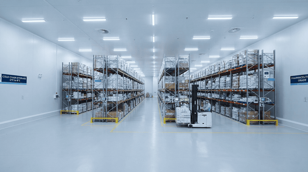 Temperature-controlled cold storage warehouse shed construction for pharmaceutical and food products.