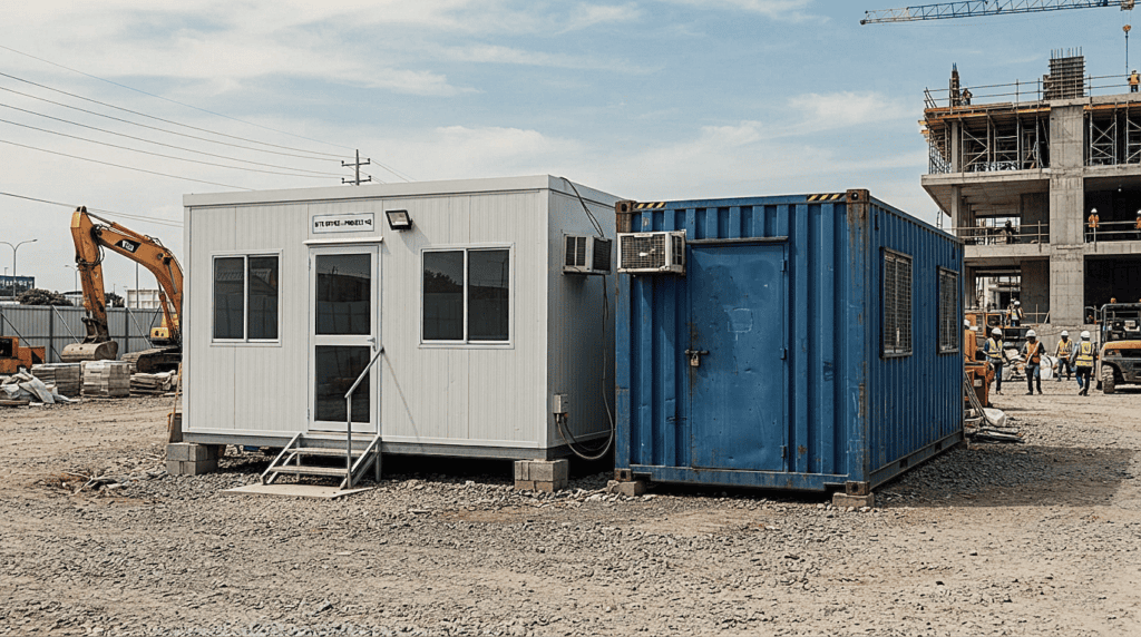 Comparison between a sandwich panel site office and a converted container office on a construction site.