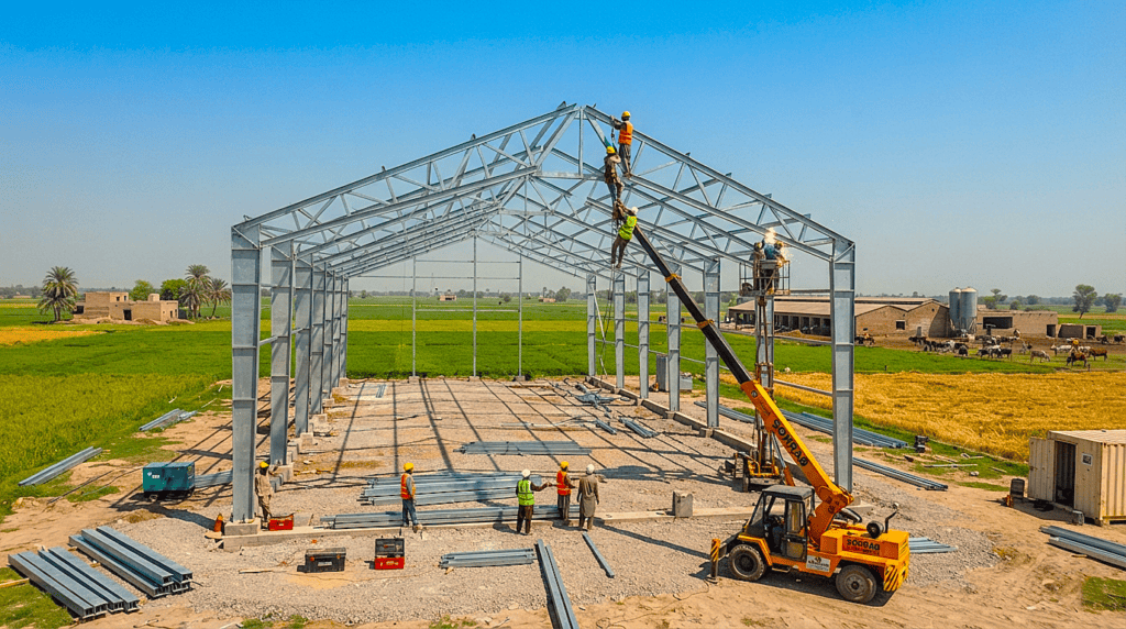 Steel structural frame under erection for a heavy-duty dairy shed design in Punjab.