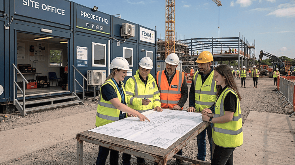 Engineers reviewing project plans outside a large multi-room site office facility.