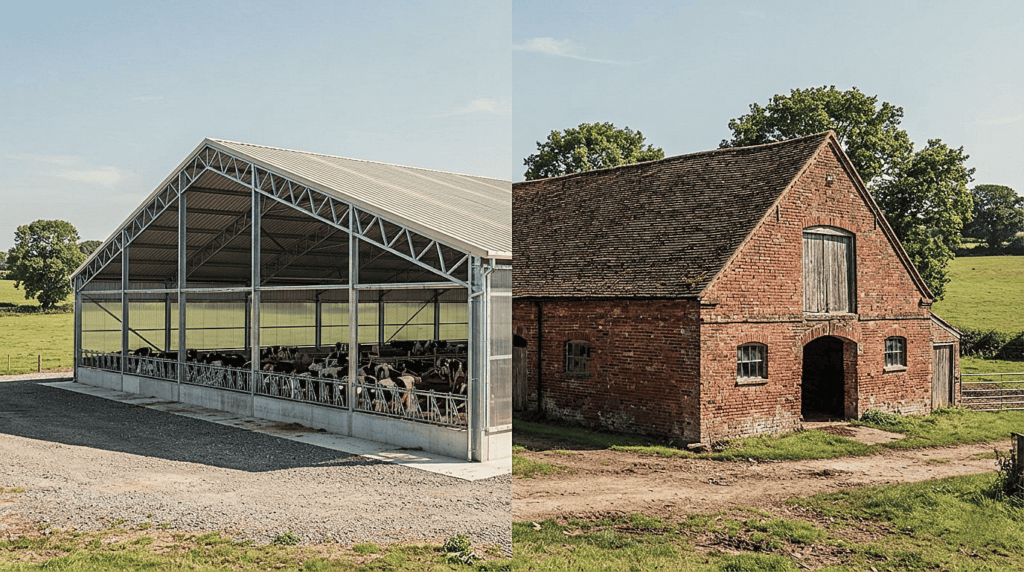 Comparing a steel-frame dairy shed design against traditional brick wall construction.