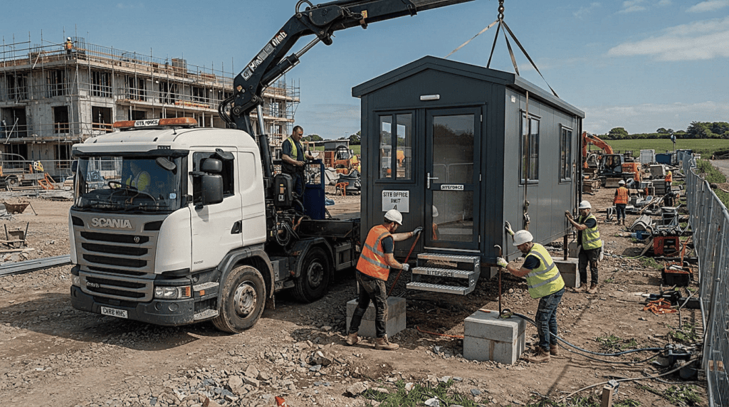 Commercial truck delivering a completed prefabricated site office cabin to a client site.
