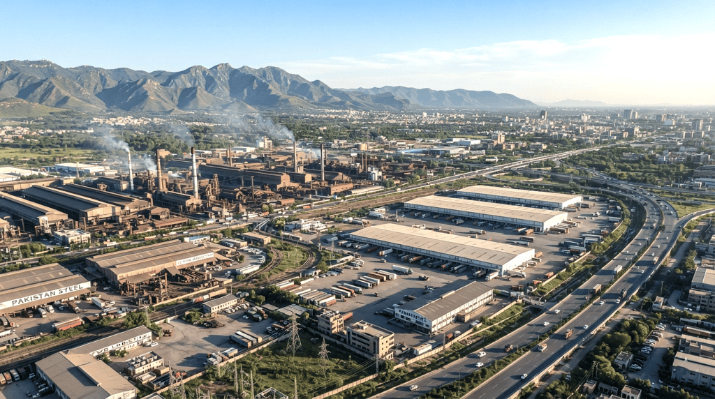 Aerial perspective of expanding industrial estates and logistics warehouses across Rawalpindi and Islamabad.