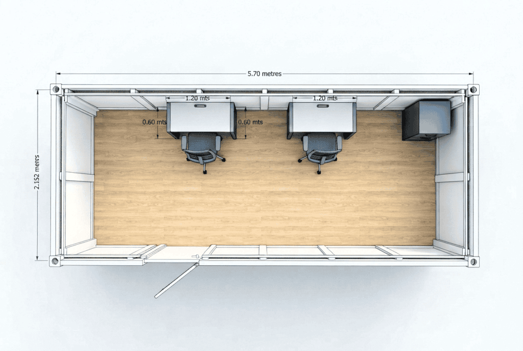 20ft site office layout with two desks, a filing cabinet and a circulation route.