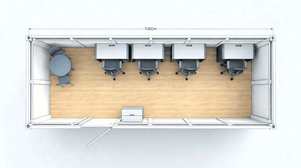 40ft office container layout with four workstations, storage and a two-person meeting area.