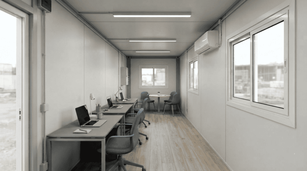 Interior concept of a 40ft container office with four workstations and a small meeting area.