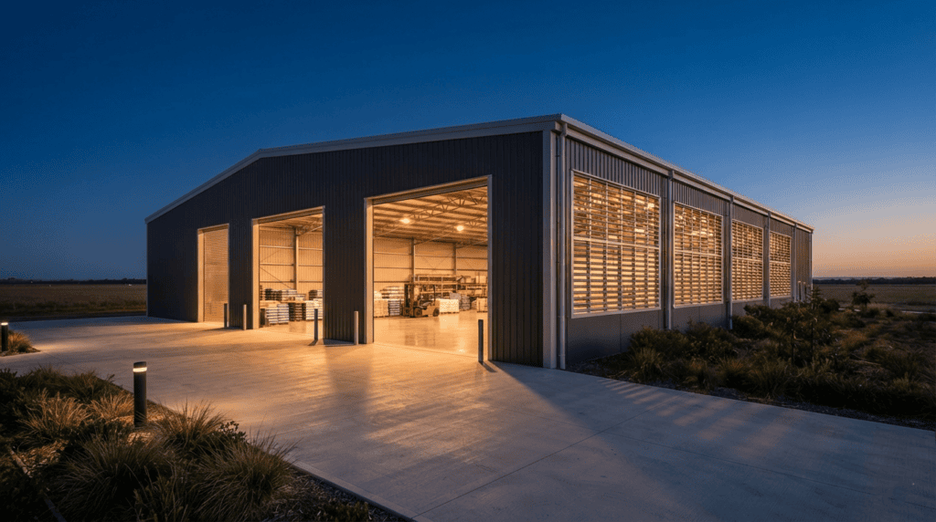 Turnkey completed pre-engineered steel building ready for occupancy as dairy farm sheds.