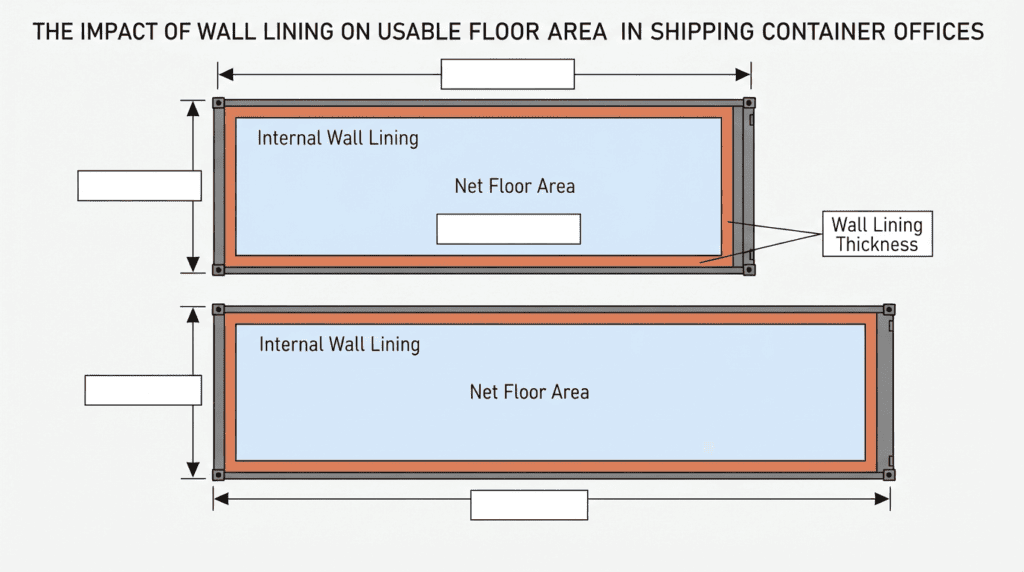 Diagram showing how 100 mm wall lining reduces floor area in 20ft and 40ft container offices.