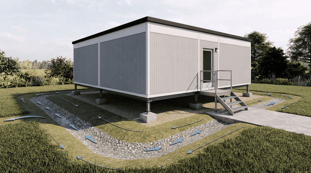 Illustration of surface runoff directed away from a portable office foundation and entrance.