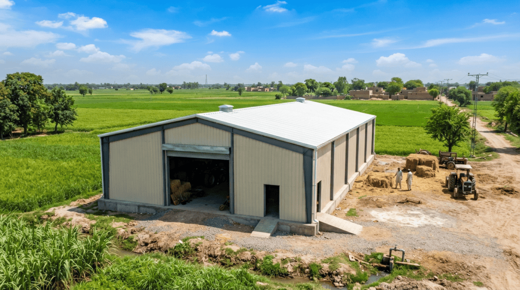 Pre-engineered steel structure designed for long-lasting agricultural and dairy farm sheds in harsh climates.