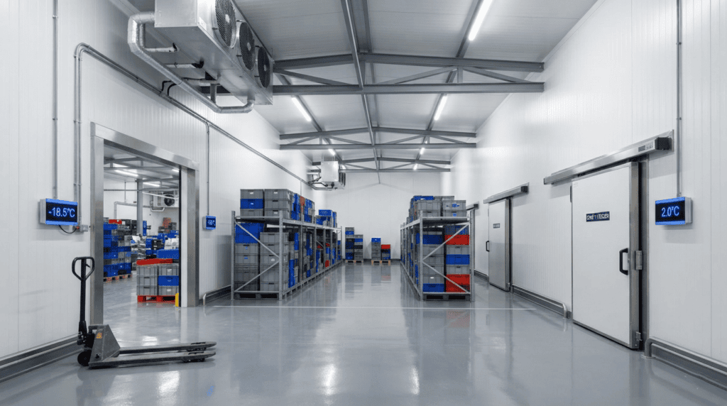 Insulated cold storage room integrated with modern dairy farm sheds for milk and produce chilling.