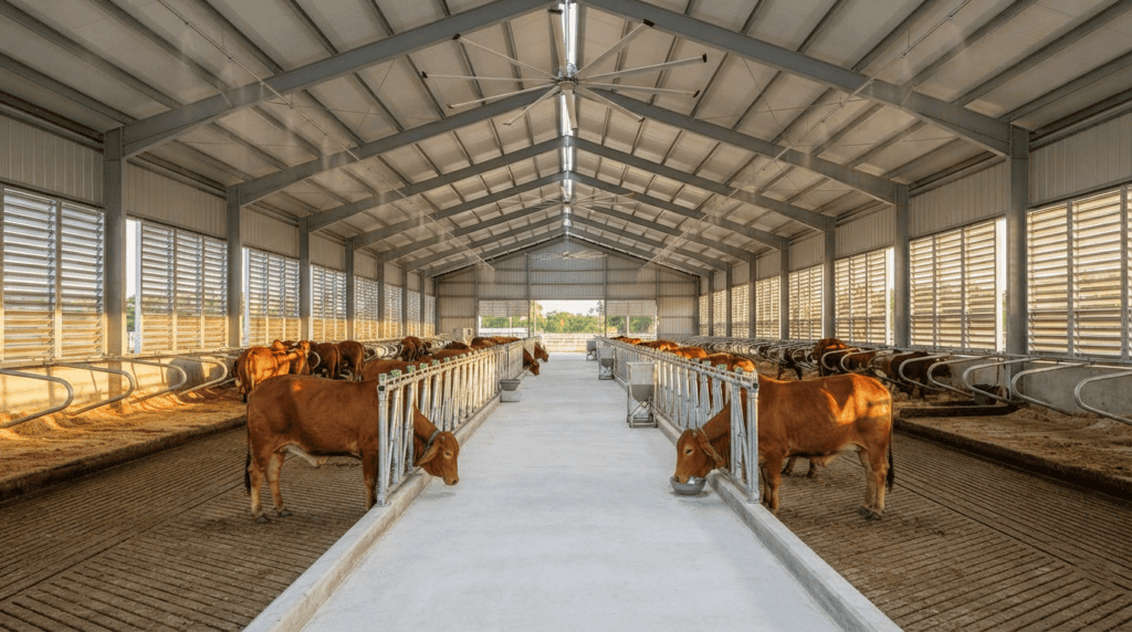 Spacious, well-ventilated dairy farm sheds built specifically for Sahiwal dairy cattle management.