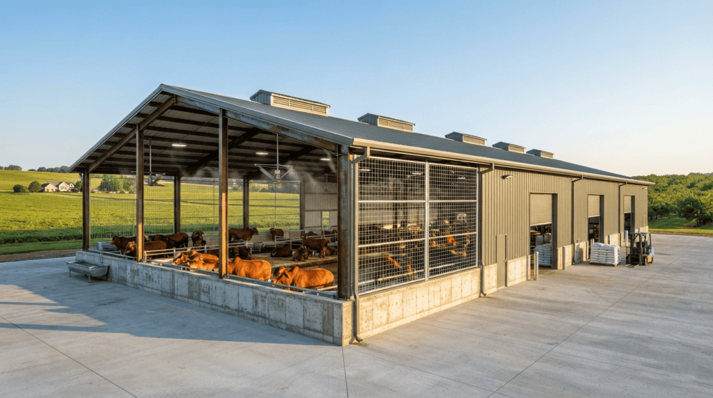 Heavy-duty multi-bay steel dairy farm sheds with integrated storage capacity in Sahiwal.